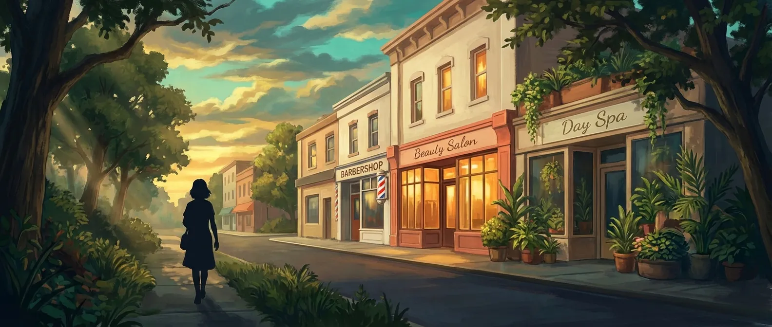 Charming local business street at golden hour with a barbershop, beauty salon, and day spa
