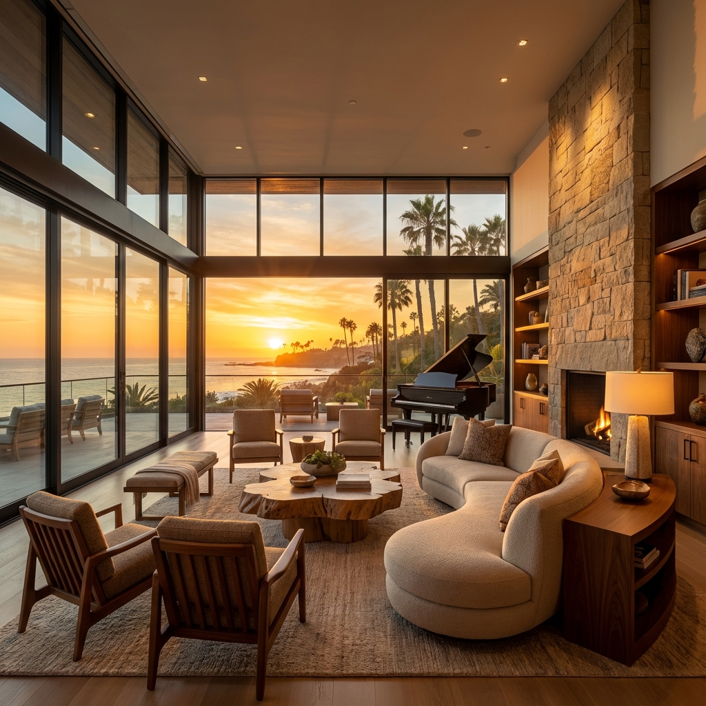 Modern living room with sunset view